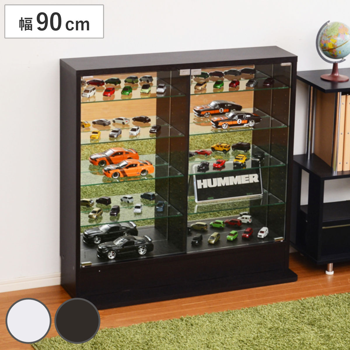 コレクションラック 幅90cm ワイド ロー 浅型 ショーケース ウィスキー棚 ラック コレクション ガラスキャビネット ガラス棚板 キャビネット ディスプレイ ガラス 可動棚 収納 ホワイト