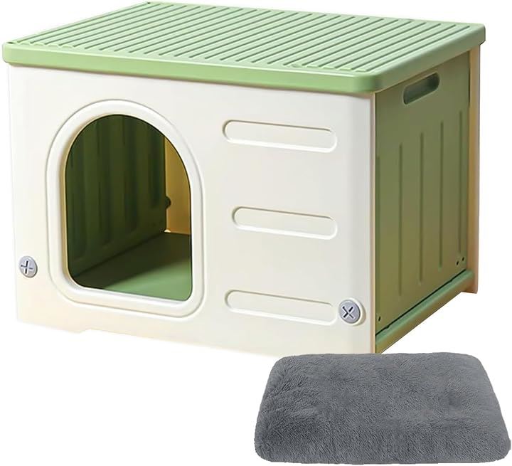 猫 ハウス キャットハウス ペットハウス 小型犬用 プラスチック 猫小屋 屋外 室内 野良猫ハウス オールシーズン 毛布付き 防寒 雨よけ 通気性( グリーン)