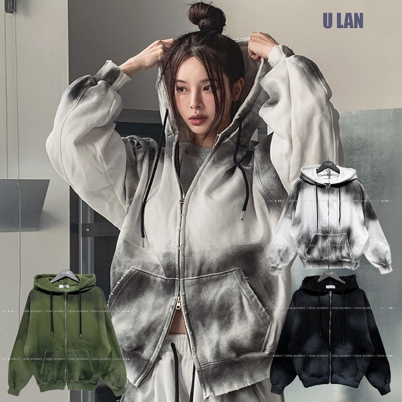[U LAN] Mety Dirty Damage Semi-Cropped Hooded Zip-Up 韓国ファッション トレーナー 男女共用 韓国人気 3色