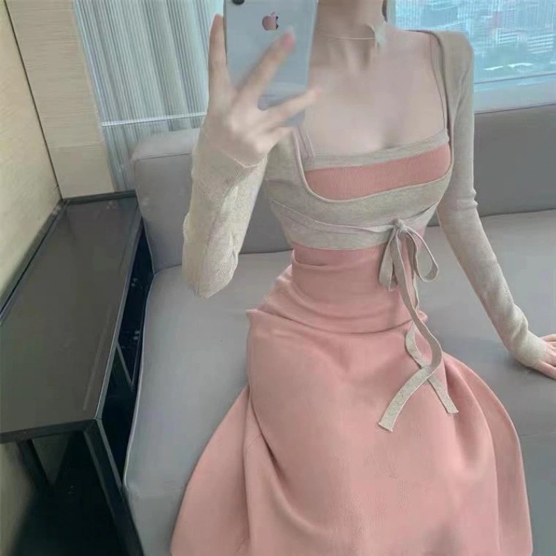 ハイエンドのカスタマイズ-フレンチスタイルのエレガントなニットサスペンダードレスロングスカートレディースショート長袖セータートップツーピーススーツスカート