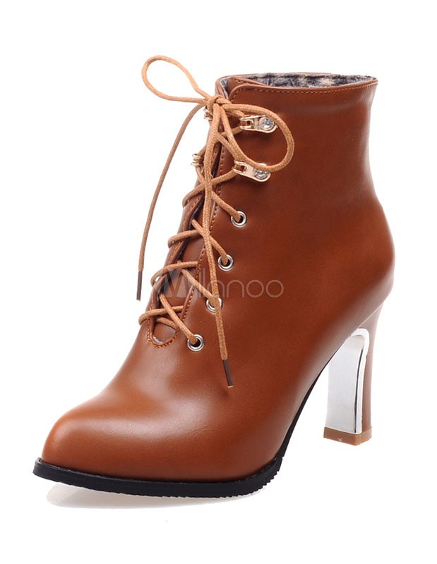 ブラウンポインテッドトゥが女性のためのPUブーツレースアップ