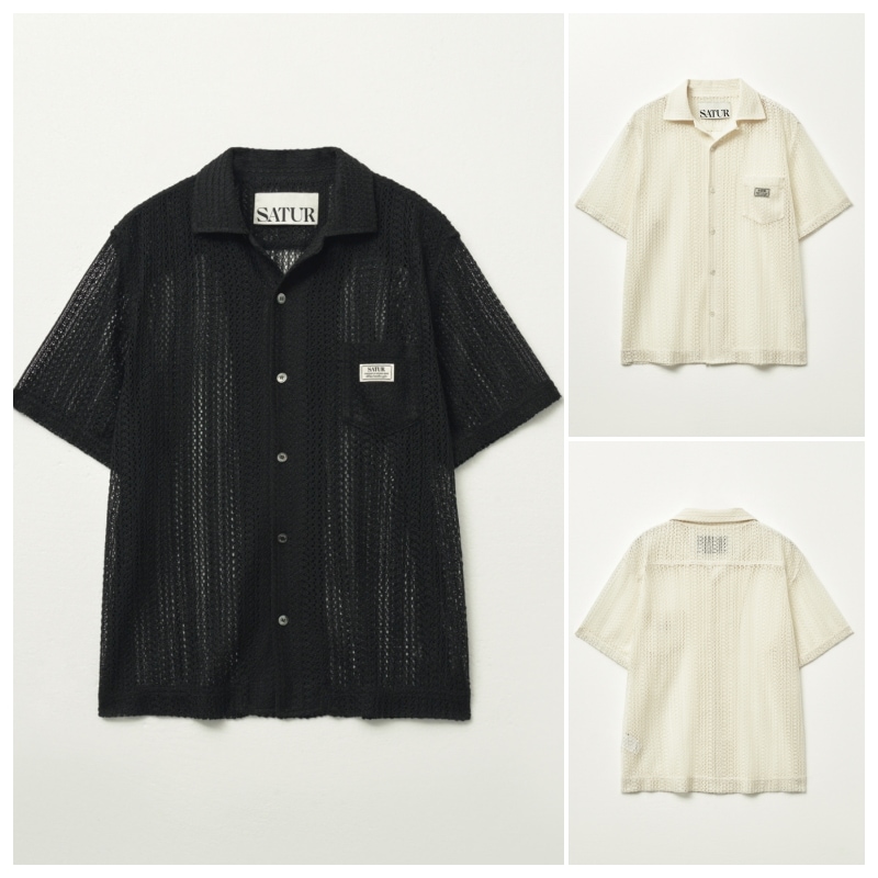 【SATUR】 CROCHET OPEN COLLAR HALF SHIRT : 2COLORS