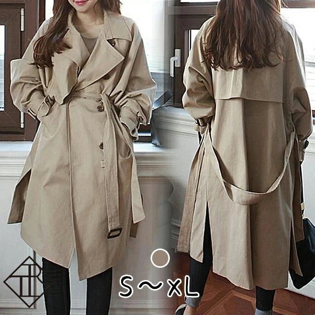 【急速出荷!】トレンチ コート レディース ベーシック ビッグシルエット ベージュ カラー オーバーサイズ 同素材 ウエストベルト 調整 サイド スリット 入り 防寒 通学 通勤 無地 シンプル カ