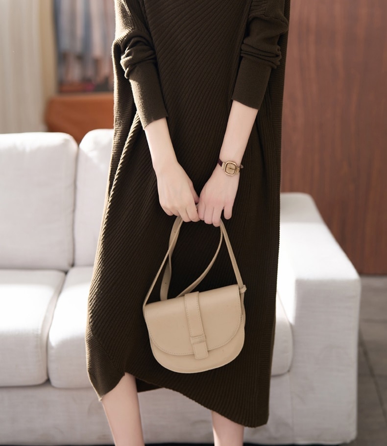 秋 冬 レディース ファッション インナー 膝上 ニット ワンピース ミドル丈 セーター スカート ブラウン ブラック M L XL XXL ワンピース 袖あり かわいい 大人可愛い きれいめ