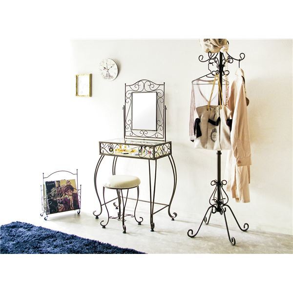 猫足ドレッサー（丸形スツール付き） 強化ガラス天板/スチール/可動式飛散防止加工ミラー アジャスター付き