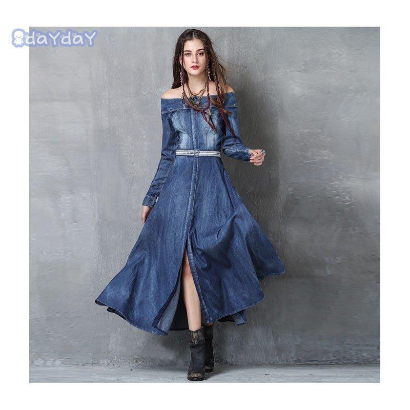 ワンピース レディース デニム マキシワンピース 長袖 ロング 大きいサイズ デニムワンピース ボリューム 付き フレア aライン 膝丈ワンピース リゾート