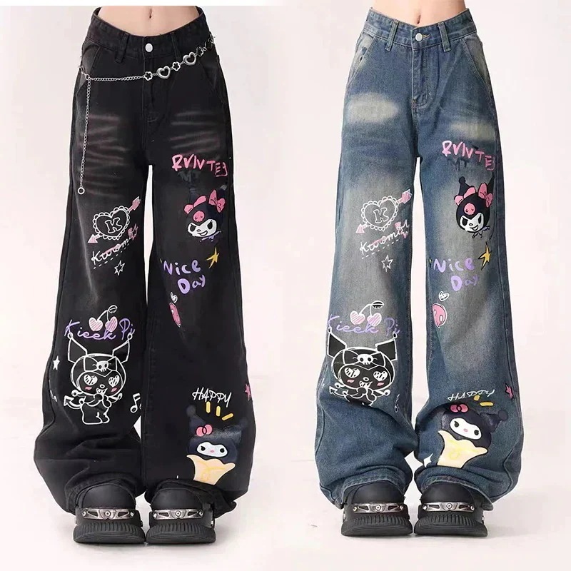 【2個買うと1個無料】サンリオクロミちゃんジーンズ レディース ジーパン ハイウエストハローキティデニム ズボン パンツ デニムパンツ ワイドパンツ ダメージジーンズ