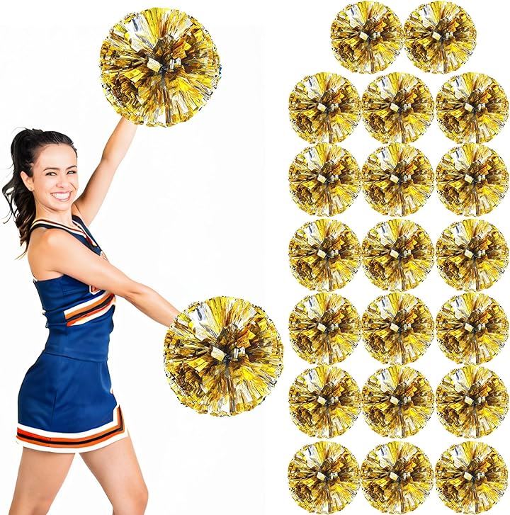 ポンポン チア ダンス チアリーダー 持ち手付き 30cmx30cm ゴールド+シルバー 応援 学校行事 イベント コスプレ(20個(10人分))