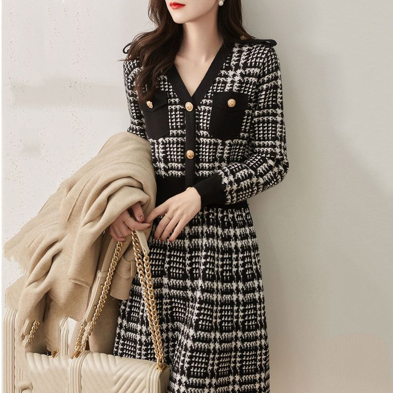 長袖ニットワンピース Vネックニットセーターワンピース 千鳥柄ニットワンピース トップス スカート ワンピース セーター プルオーバー ミニスカート ニットスカート ミニ ミニ丈 ショート ショート丈