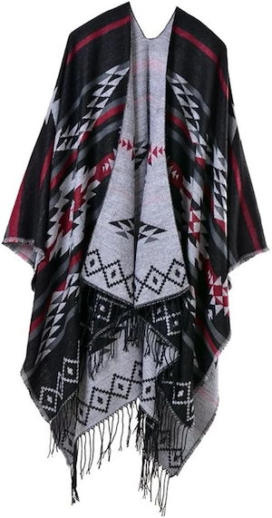 大判ストール オルテガ ポンチョ マフラー エスニック 羽織り ショール マント ユニセックス 防寒 膝掛け 厚手 秋(ブラックレッド)