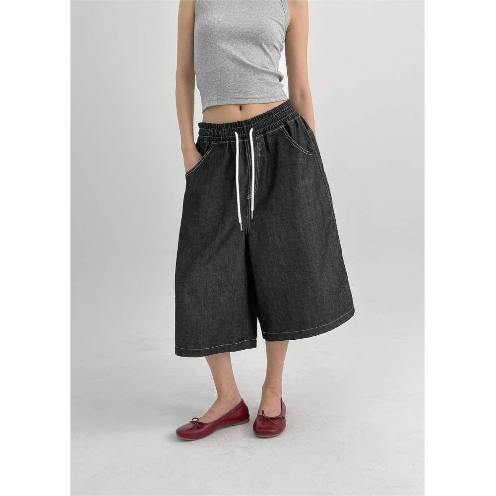 ブラックアップベディルノンフェードパッチバミューダデニムパンツ