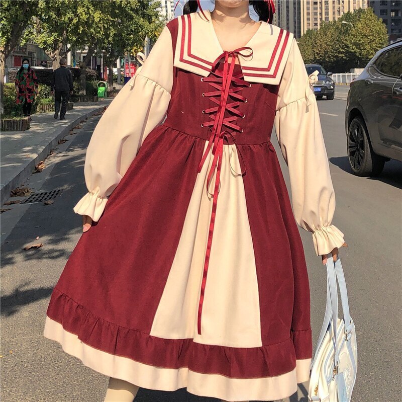 オリジナルロリータドレスガール日本ヴィンテージカラーコリジョンネイビーカラーバンデージボウノット