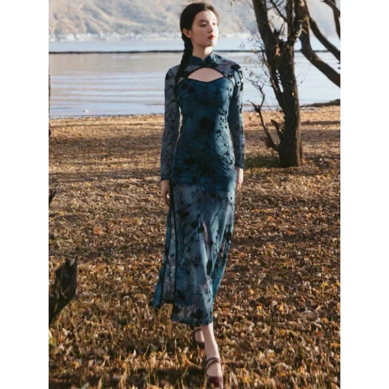 改善されたチャイナ ドレス 2022 新しい秋の新しい中国風の若い気質フロッキー ドレス ブルー セクシー デイリー