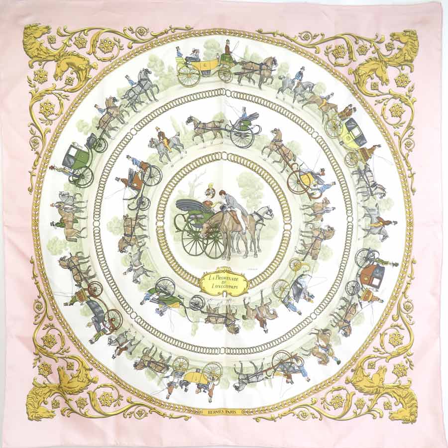 エルメス HERMES スカーフ カレ90 LA PROMENADE DE LONGCHAMPS シルク ライトピンク×マルチカラー レディース h29759a