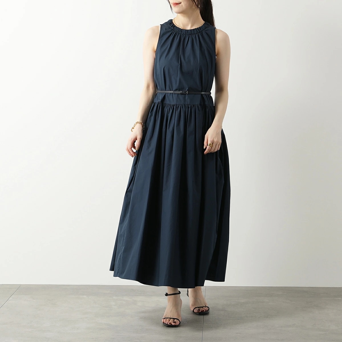 S MAX MARA エス マックスマーラ ワンピース TERESA レディース コットン ポプリン ギャザー ノースリーブ ベルト付き フレア 042