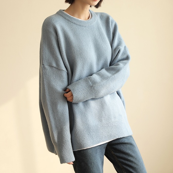 [韓国ファッション] ラウンドネック オーバーシルエット ストレッチニット