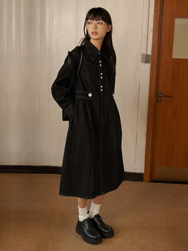 オモントエッグタルトホームレトロデニムシャツドレスレディース秋冬ミドル丈デザインウエストスリムスカート