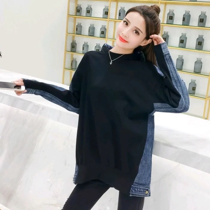デニム シャツ レディース プルオーバー 長袖 ミドル丈 クラッシュ ダメージ スウェット 黒 韓国 異素材 切り替え ビッグシルエット 春 秋 冬 お出かけ 通学 キャンパス 普段使い デート 旅行