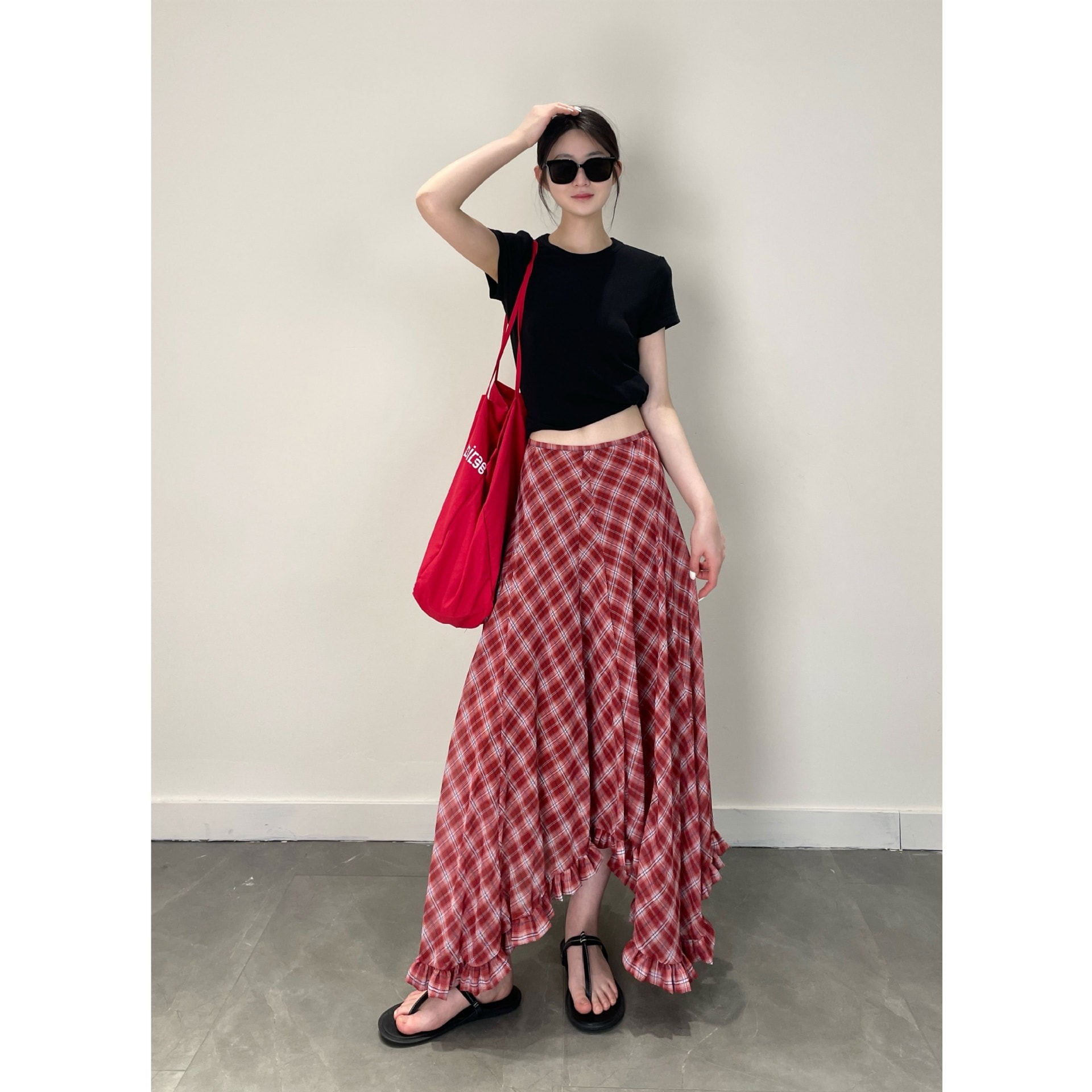 レトロチェックシフォンロングスカート韓国風 ガーリー 夏コーデ 大人かわいい 体型カバー