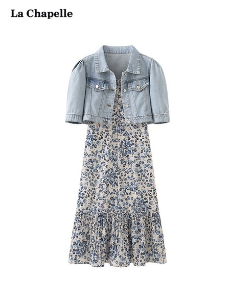 LaChapelle ショート デニム ジャケット 花柄サスペンダー