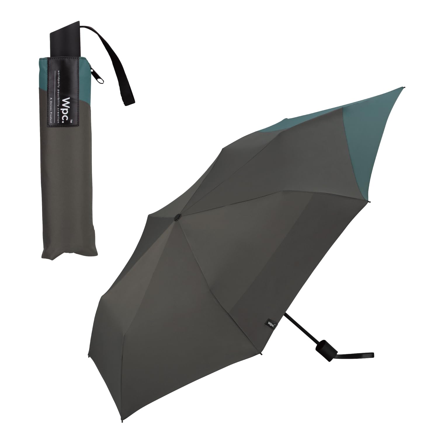 Wpc. [リュックが濡れない] 折りたたみ傘 BACK PROTECT FOLDING グレー×ブルーグリーン 雨傘 晴雨兼用 55cm 大きい メンズ 男性 バックパック 後ろが長い 通勤 通学