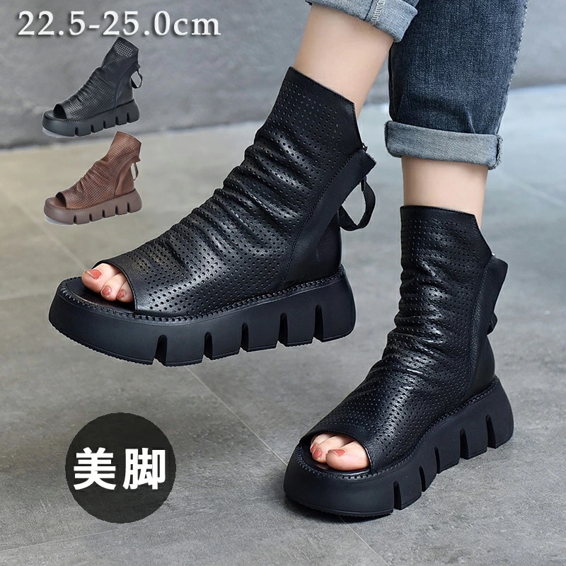 サマーブーツ　レディース　厚底サンダル本革サンダル オープントゥ ブーツサンダル　ウェッジソール ブーティ ナウシカブーツ ブーサン ウェッジソール　レディース 靴 ブーツ 美脚 ブーツ