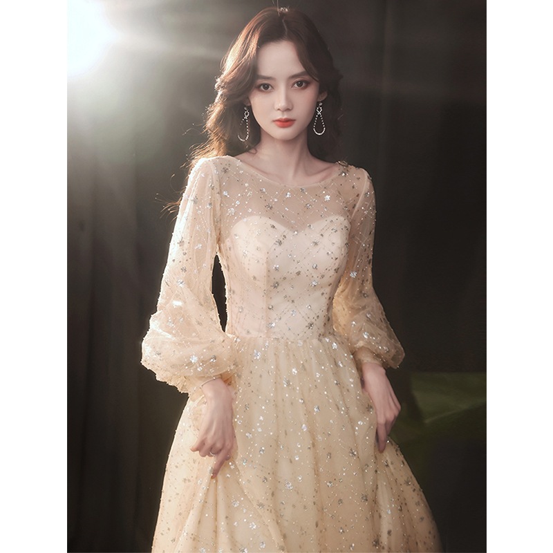 ドレステクスチャバンケット妖精気質長袖ドレス女性用シャンパンカラードレス小柄な人はより白くスリムに見えます