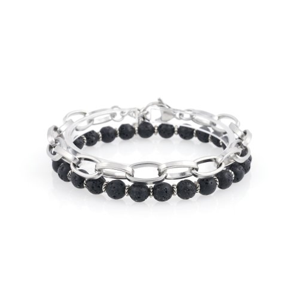 JBANS クラシック ボールドラウンドクリップ944 チェーン 6mmトルネードリング 原石ブレスレットセット (C2401-SE337_SV)