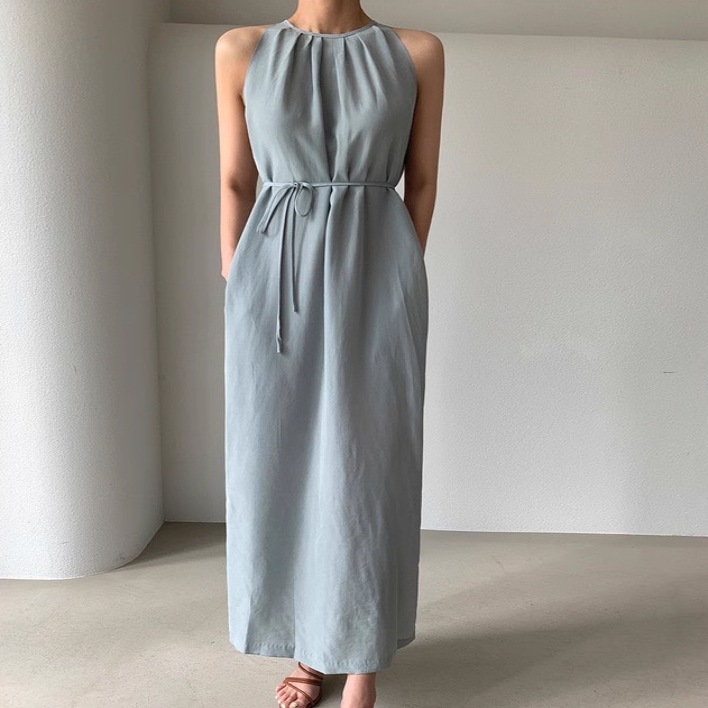 レディース スカート ワンピース ドレス ロングスカート ロング 袖なし ノースリーブ クルーネック ホルターネック ウエストマーク ウエストリボン スリット サイドスリット ポケット 薄手