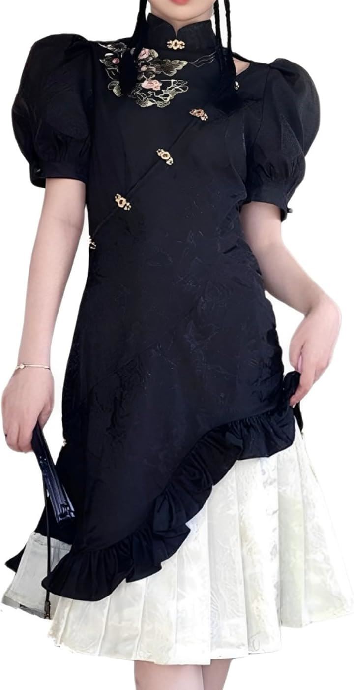 チャイナドレス ワンピース コスプレ 上品 可愛い 黒(ブラック, L)