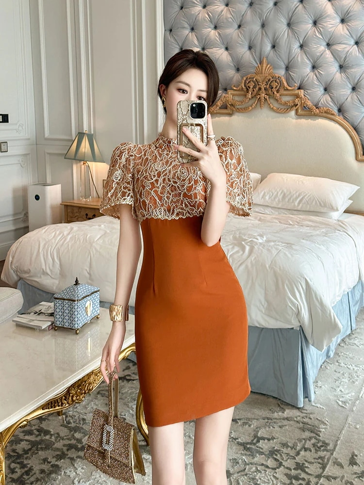 【JY.上品】 2024夏新品 レースドッキング 偽2セット ワンピース ショート ドレス パーティー キャバ 着痩せ 大人 同窓会 披露宴 卒業式 結婚式 演奏会 ウェディング 二次会 メガ割