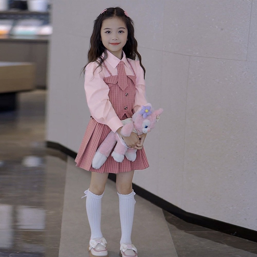 キッズモックガールツーピースシャツプリーツスカート制服ダンススカートスカートセット225