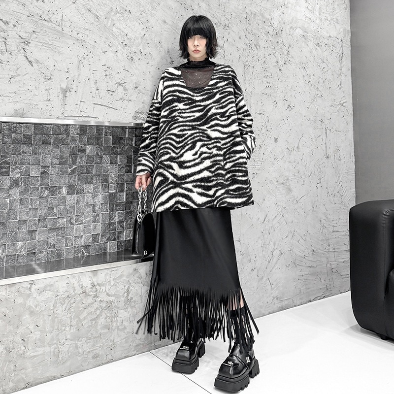 【J.Fashion】 ゼブラ ニット ｖネック ロング丈 おしゃれ レディース セーター 関連商品購入可能 メガ割