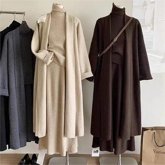 人気なリプニット 秋冬 新作 3点セット 上下セット おしゃれ 気質 レディースセットアップ カジュアルゆったり 通勤 ニット アウター セーター ニットスカート 20