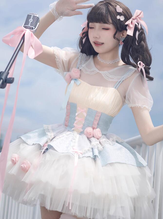 ロリータワンピース 可愛い キャミソール 膝上丈 ティアードドレス 重ね重ね ボリューム プリンセスワンピース 背中リボン付き ロリータ服 lolita 萌え萌え コスチューム 女性 コスプレ衣装 学