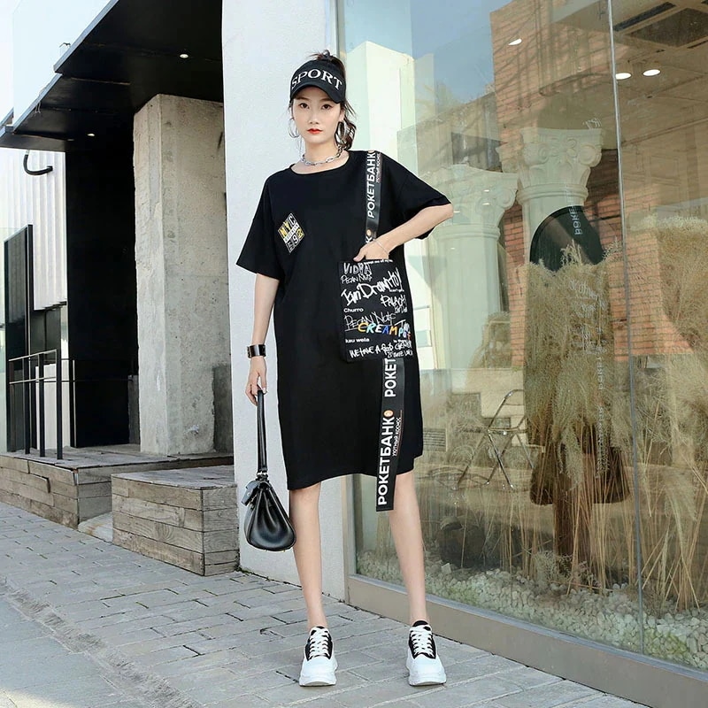 ワンピース可愛いロンtレディース夏服ブラッククルーネック半袖tシャツワンピース韓国ファッションカジュアルブランド大きなポケット設計