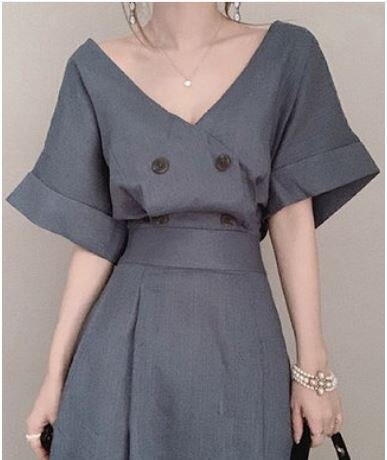 2色 ワンピース 半袖 春夏 きれいめ ロング ロング丈 マキシ丈 五分袖 ボリュームスリーブ 深 Vネック カシュクール 襟なし タイト ストレート Iライン 切り替えデザイン ウエストマーク 色展