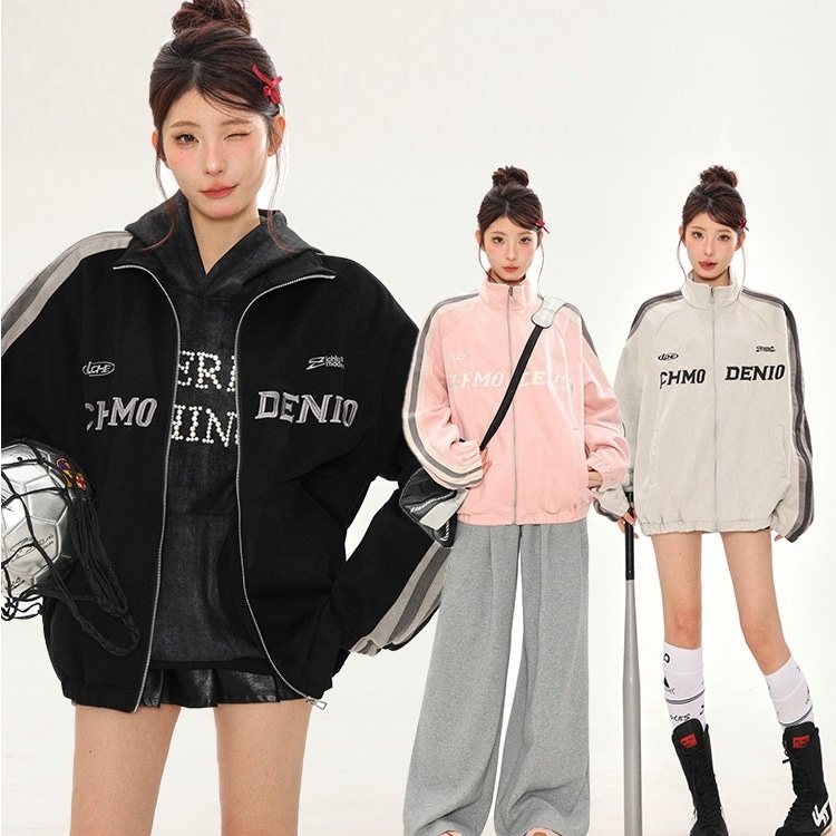 2025秋冬 韓国 かわいい レディース ハイネックスタンドネックアウター ブルゾンお出かけ黑長袖セクシーシルエットトップスサイドカジュアルファッション系ベースボールサイズフルトラック