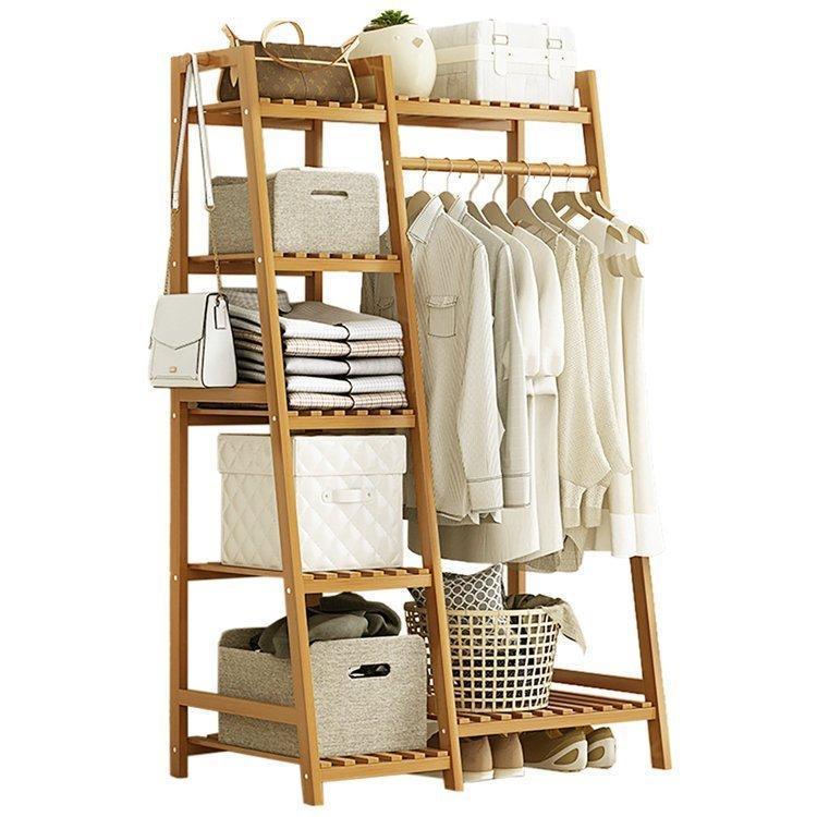 ハンガーラック 天然竹製 5段棚 洋服掛け ラック ワードローブ クローゼット 洋服ラック コートハンガー 洋服掛け スタンド 衣類収納 頑丈 容量