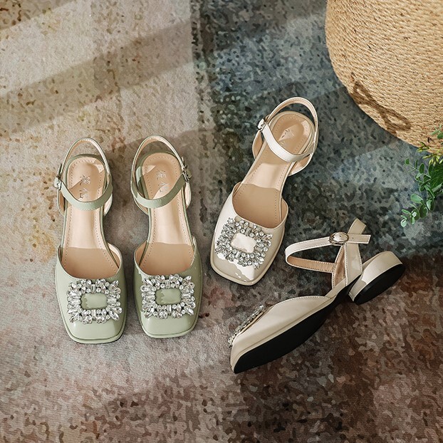 サンダル レディース 3cmヒール 22.5cm 23cm 23.5cm 24cm 24.5cm スクエアトゥ 韓国 バックル ビジュー キラキラ かわいい 大人可愛い きれいめ シンプル カジュアル