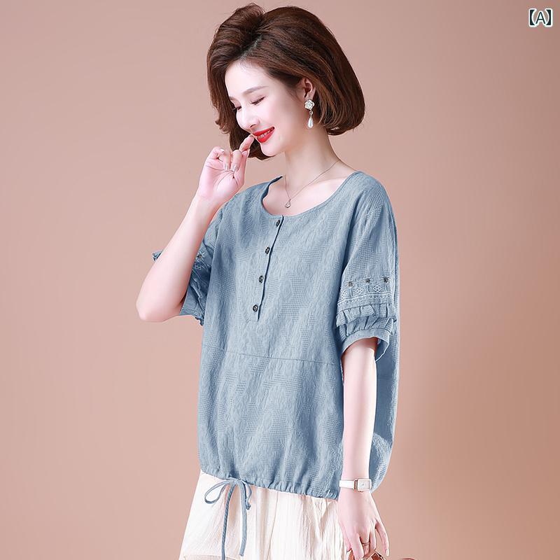 セットアップ レディース 上品 おしゃれ マダム 婦人服 ファッション 夏 綿麻 トップス 洋風 半袖 Tシャツ 2枚 セット