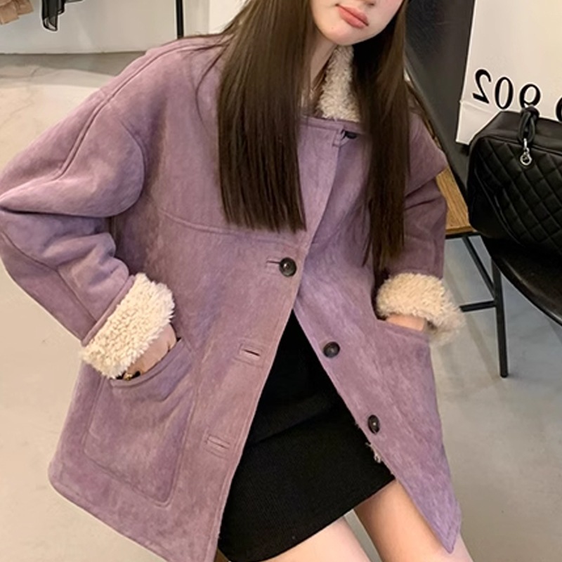 アウターファー毛皮アウターヨークアクセントスエード一体の韓系ジャケットジャケット三色開襟突き色長袖コート女