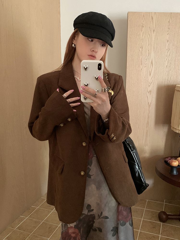 24 スーツ ジャケット メイラードコーデュロイ長袖ブレザー女性早新作小柄レトロ気質着やせスーツ スーツ