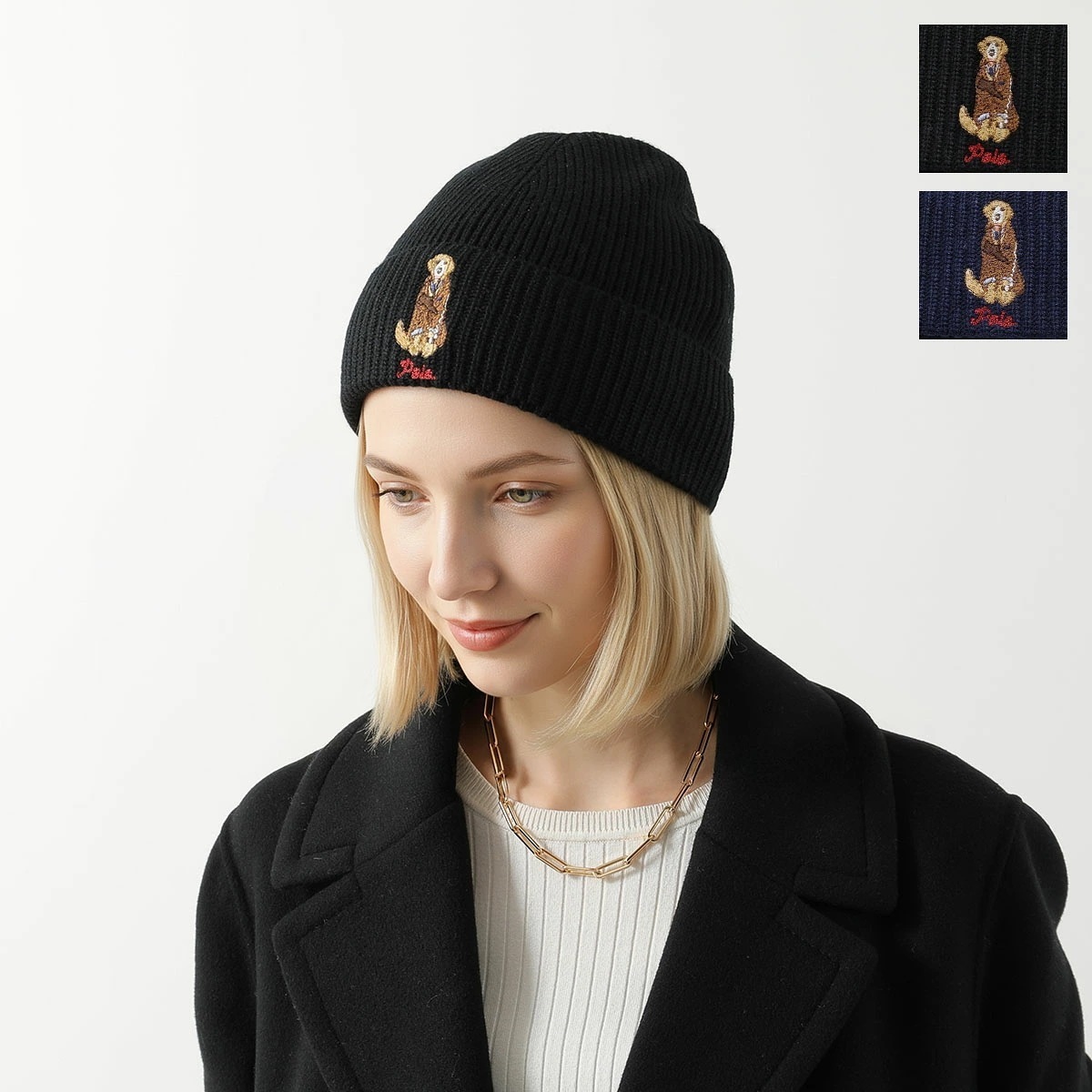 Polo Ralph Lauren ポロラルフローレン ニット帽 PC1466 レディース ビーニー ニットキャップ ドッグ ロゴ刺繍 リブ 帽子 カラー2色