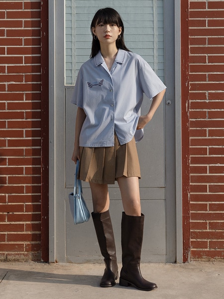 エッグタルト キューバンカラー 半袖 カジュアル 刺繍