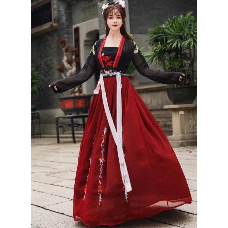 中国コスプレ衣装　黒赤系　羽織＋スカート　中国古代衣装　華流舞台ステージ服　中華服　中華ドレス　チャイナドレス　刺繍漢服唐装　中華宮廷衣装　チャイナ風30%までに制限