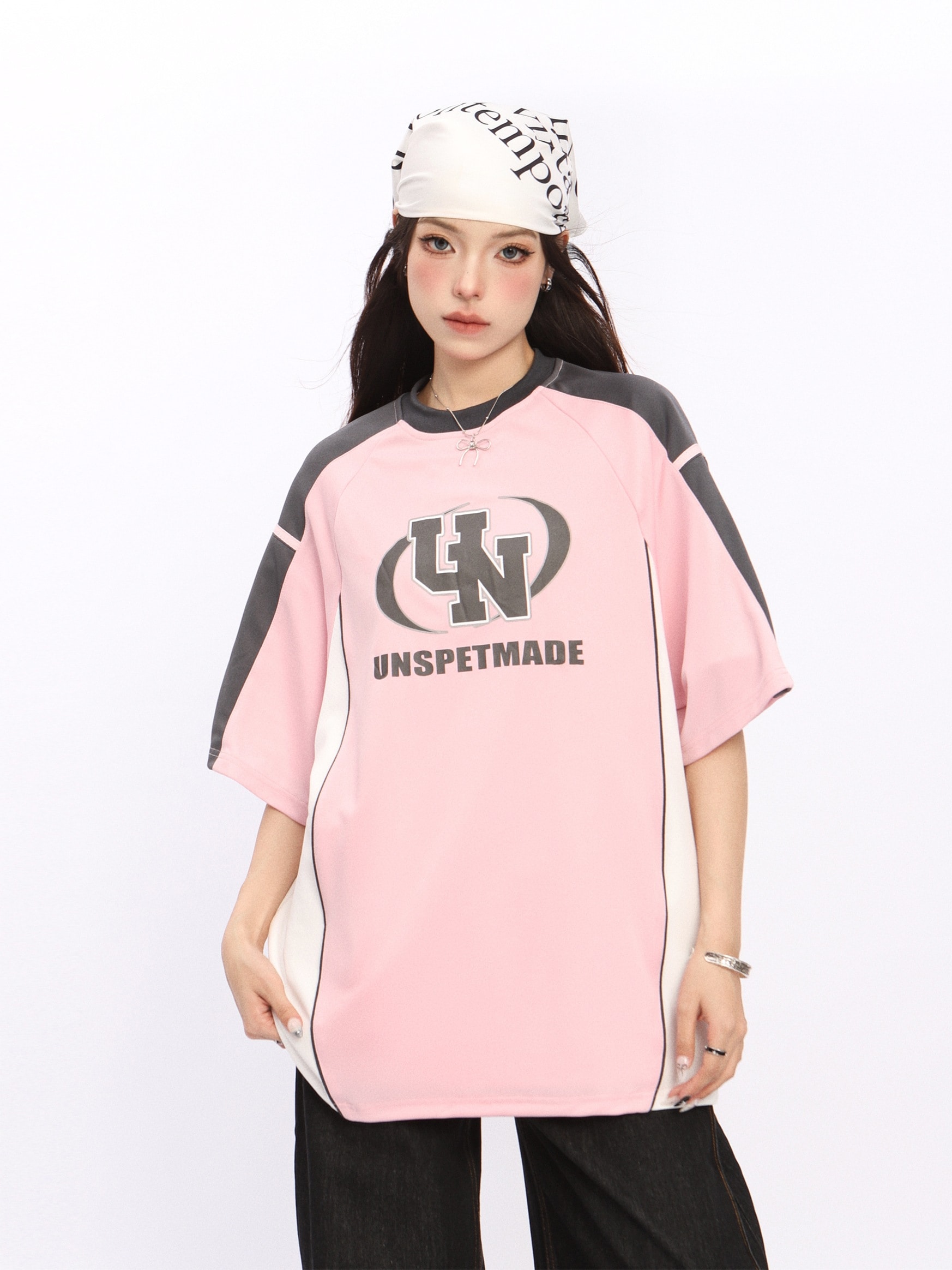 2025 春夏 トレンド トップスバイカラー甘辛MIX半袖 かわいいTシャツレディース韓国風ロゴ衣装ルーズゆったりカジュアルおしゃれサイズスリーブシルエットファッション系サイドシャツフットスウエット春