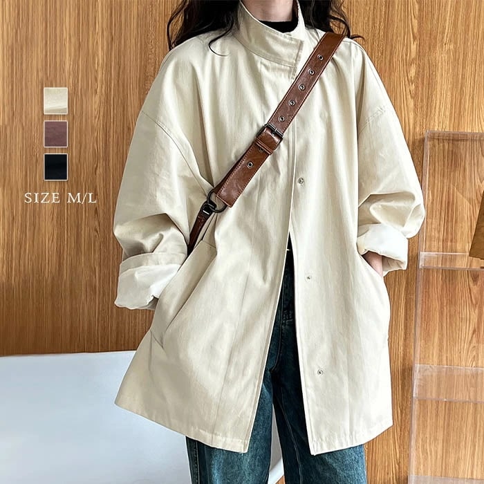 トレンチコート レディース 春 きれいめ ショート丈コート 綿 コットンスタンドカラー ゆったり アウター 秋物 秋服 コート ジャケット リヨセル 無地 大きいサイズ おしゃれ きれいめ 体型カバー