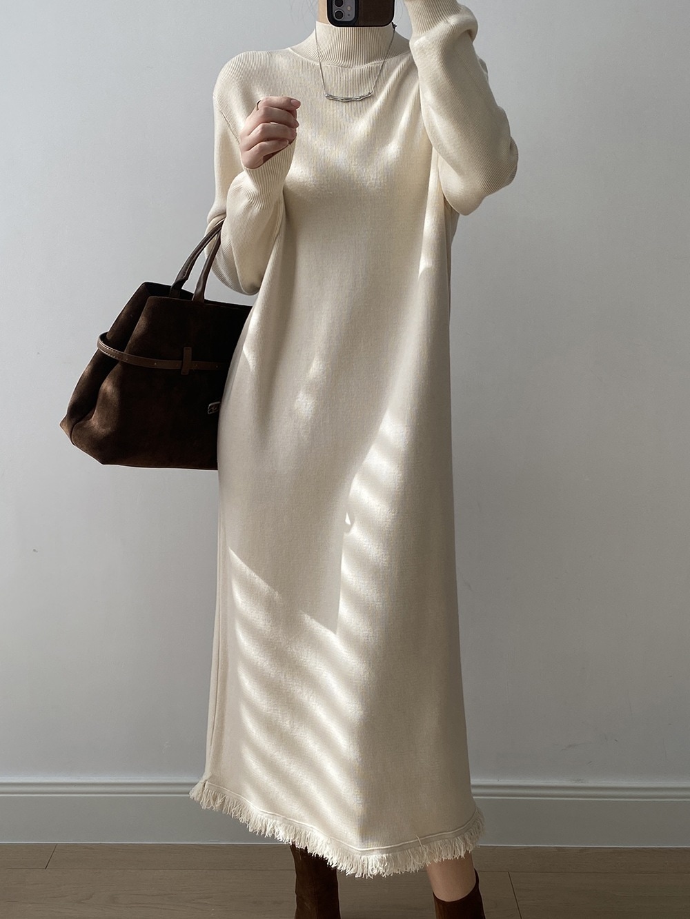 タッセルニットワンピース冬新作ハーフハイネックロングインナーボトムセータースカート