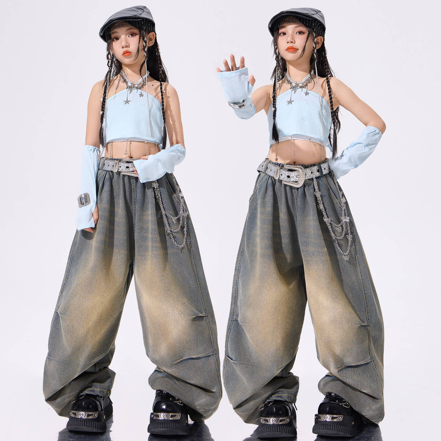 クールガール クロップトップス 女の子用ジャズダンス衣装子供用演出服女の子用ダンス衣装女の子用ストリートダンス衣装年長児用パフォーマンス衣装